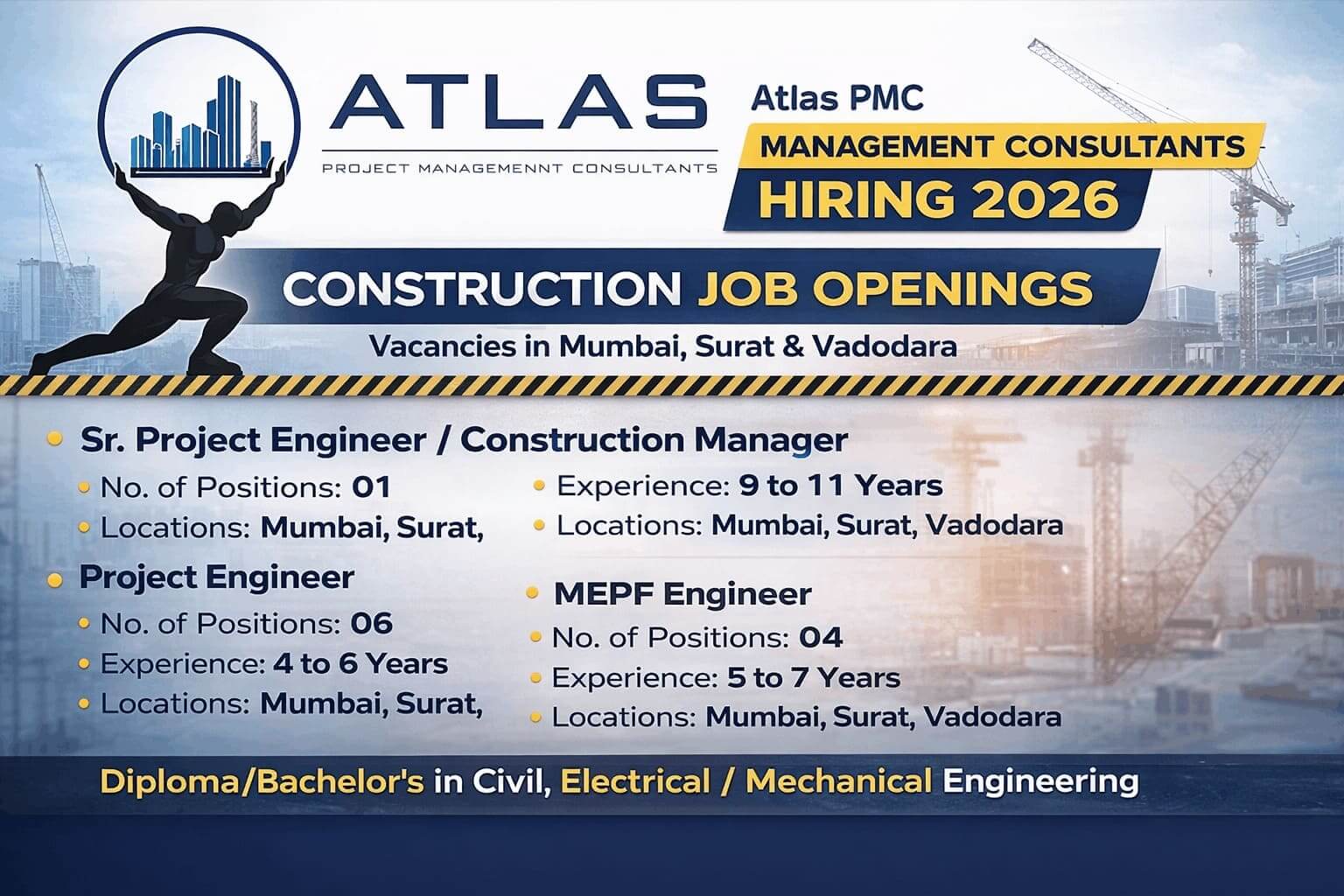 Atlas PMC – Management Consultants Hiring 2026 | Location: Surat, Vadodara And Mumbai | Construction Placement