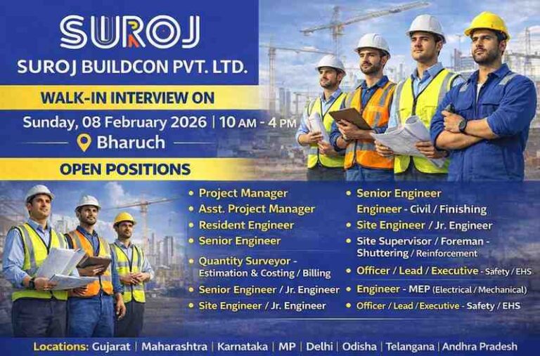 Suroj Buildcon Pvt. Ltd Walk-In Interview 2026 | Date: Sunday, 08 February 2026 | Construction Placement