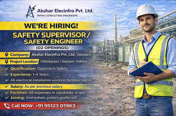 Akshar Elecinfra Pvt. Ltd hiring 2026 | Electrical Installation Projects in Fertilizer Plants in Odisha.