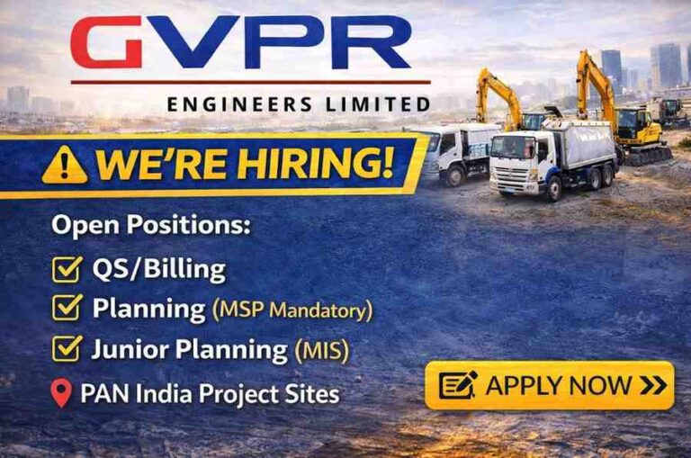 GVPR Engineers Limited is expanding its teams for Water & Infrastructure Projects across PAN India locations.