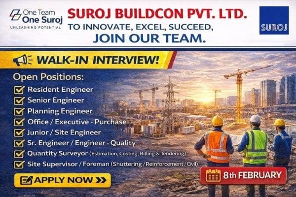 Suraj Buildcon Pvt Ltd Walk-In Interview March 2026 | Date: Sunday, 01 March 2026