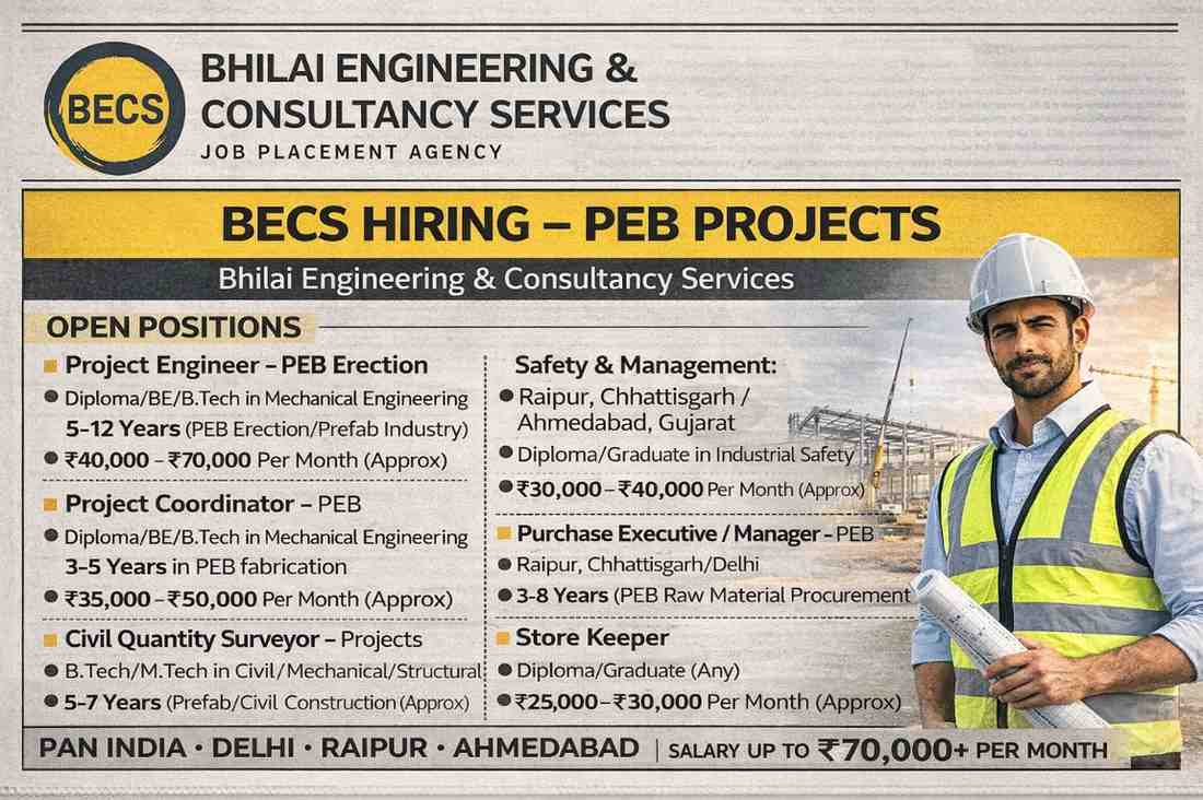 Megha Engineering & Infrastructure | Hiring 2026 | For Roads, Drains, Water Supply, Sewerage Project 4 Bhilai Engineering and Consultancy Services Hiring 2026 | Store Keeper Job Near Me