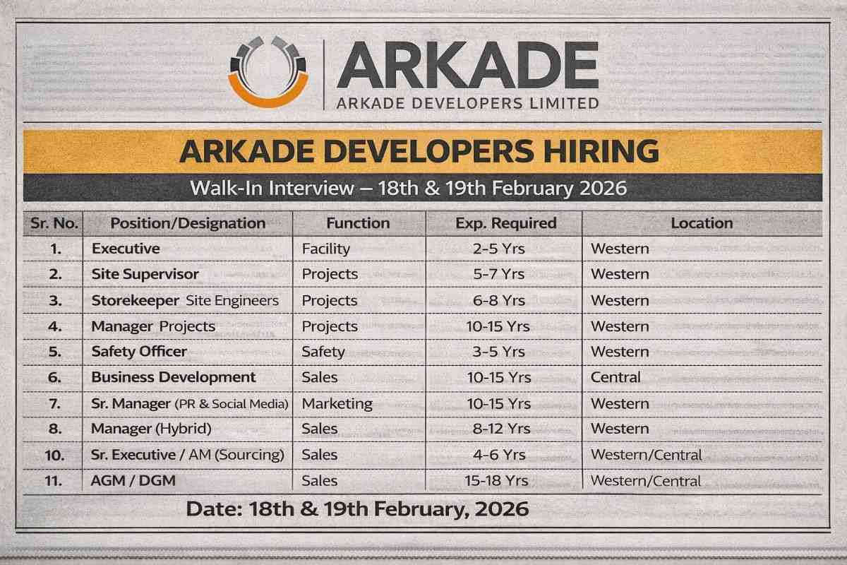 Arkade Developers Limited Walk-In Interview 2026 | Date: 18th & 19th February, 2026
