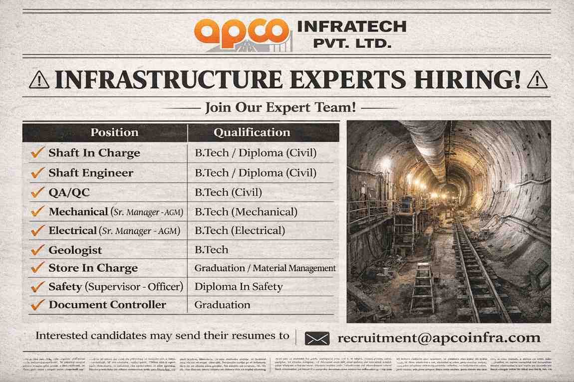 APCO Infratech Pvt. Ltd. Hiring 2026 | For  Cavern Water Tunnel (TBM) Project in Maharashtra,