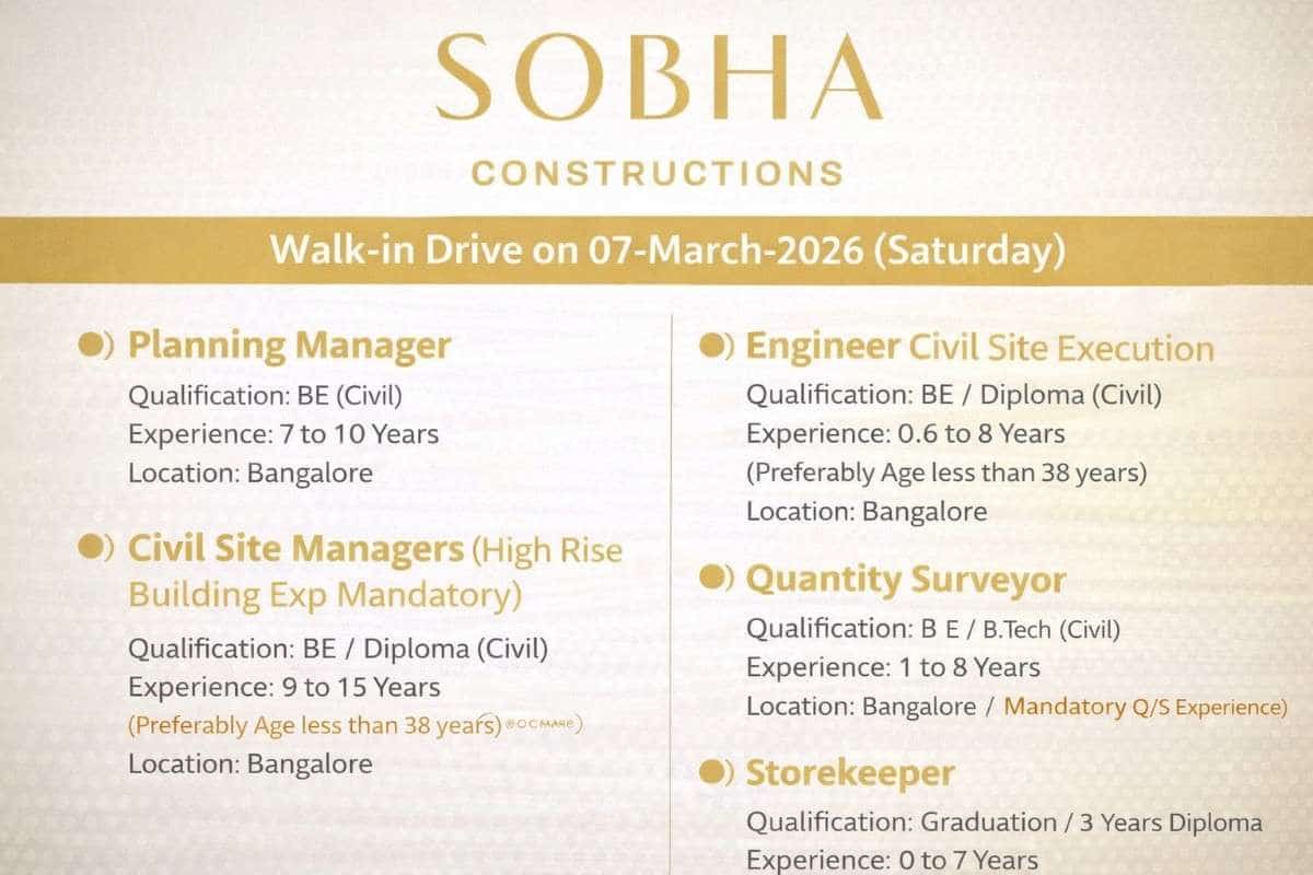SOBHA Construction Walk-In Interview 2026 | Walk-In Drive – 07 March 2026 (Saturday)