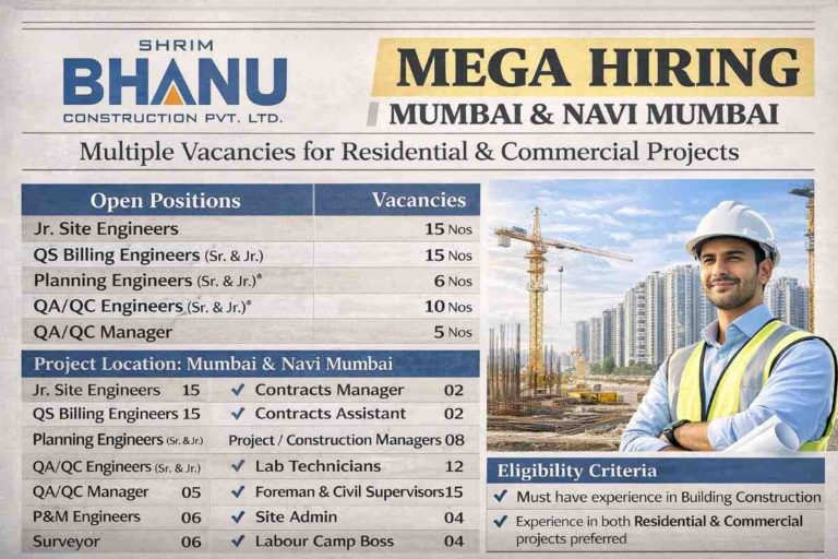 Shrim Bhanu Construction Pvt. Ltd Hiring 2026 | for ongoing and upcoming Residential & Commercial Projects in Mumbai & Navi Mumbai