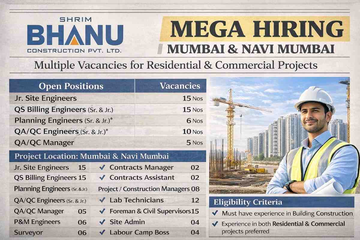 Shrim Bhanu Construction Pvt. Ltd Hiring 2026 | for ongoing and upcoming Residential & Commercial Projects in Mumbai & Navi Mumbai