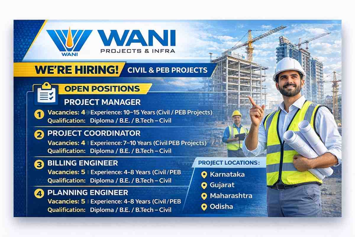 Wani Projects and Infra Pvt. Ltd Vacancy 2026 | For Civil & PEB Projects