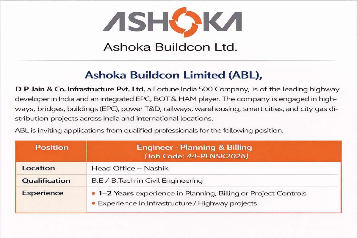 Ashoka Buildcon Limited Hiring 2026 | For Planning & Billing Engineer