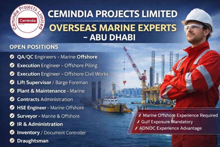 Cemindia Projects Limited Hiring 2026 | For Overseas Marine Experts for Abu Dhabi