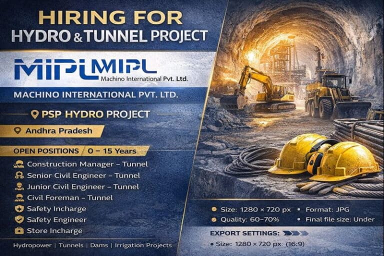 Machino International Pvt. Ltd Vacancy 2026 | Project Location: PSP Hydro Project, Andhra Pradesh