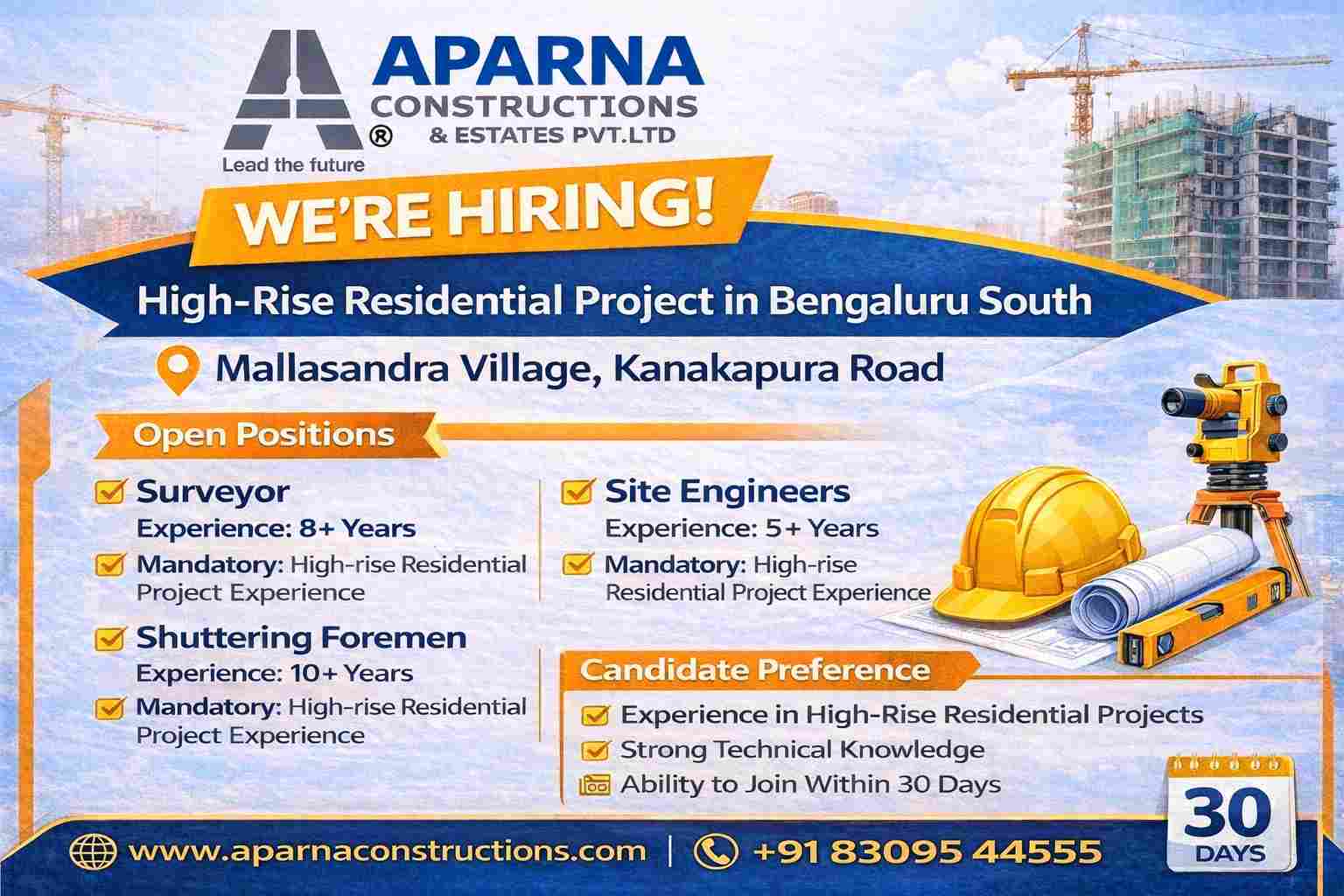 Aparna Constructions and Estates Private Limited Vacancy 2026 | upcoming High-Rise Residential Apartment Project Bengaluru South.