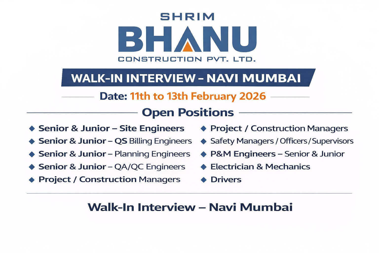 Shrim Bhanu Construction Walk In Interview 2026 | For Ongoing and Upcoming Residential & commercial Projects