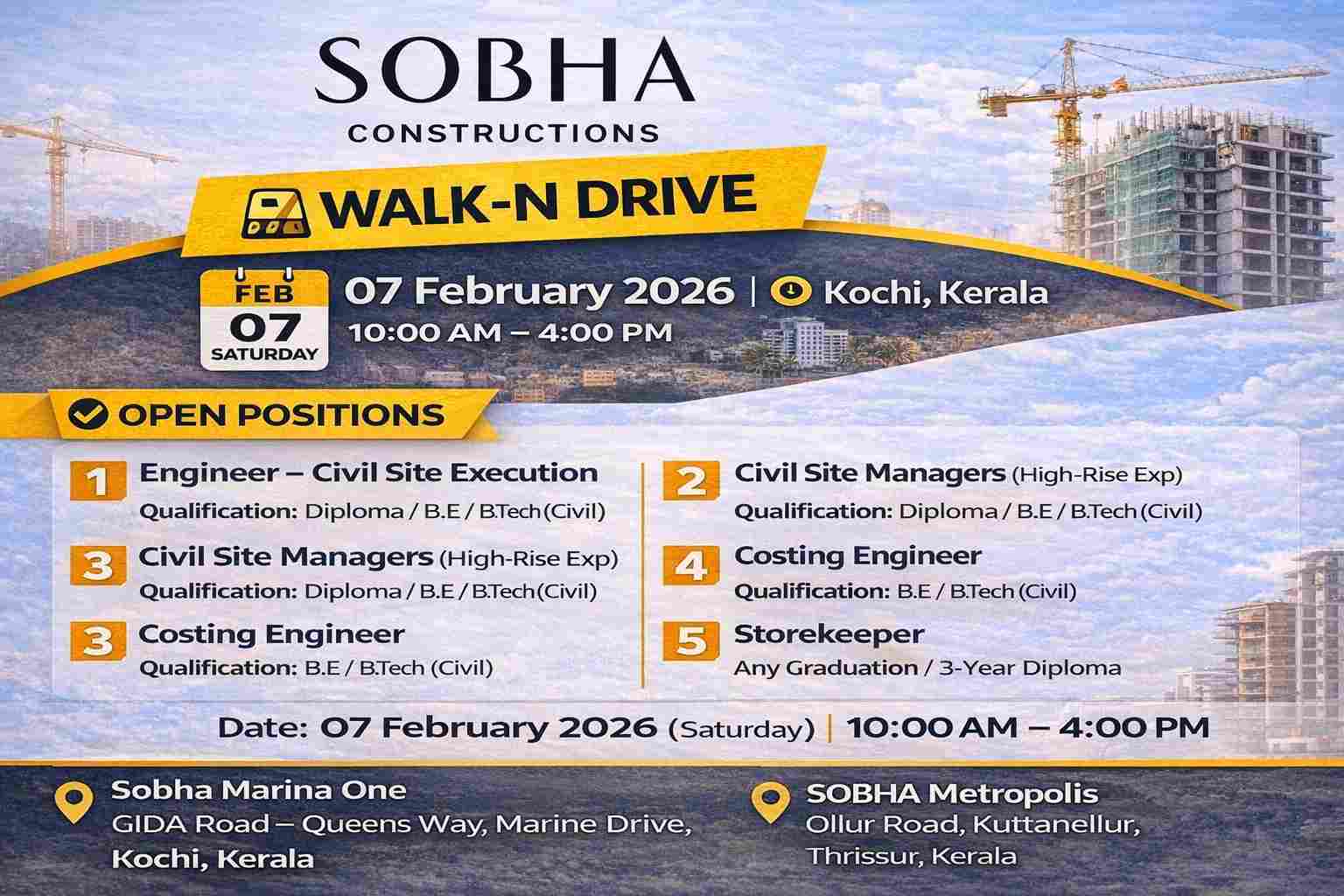 Sobha Construction Walk-In Interview 2026 | Date: 07 February 2026 (Saturday) | Construction Placement