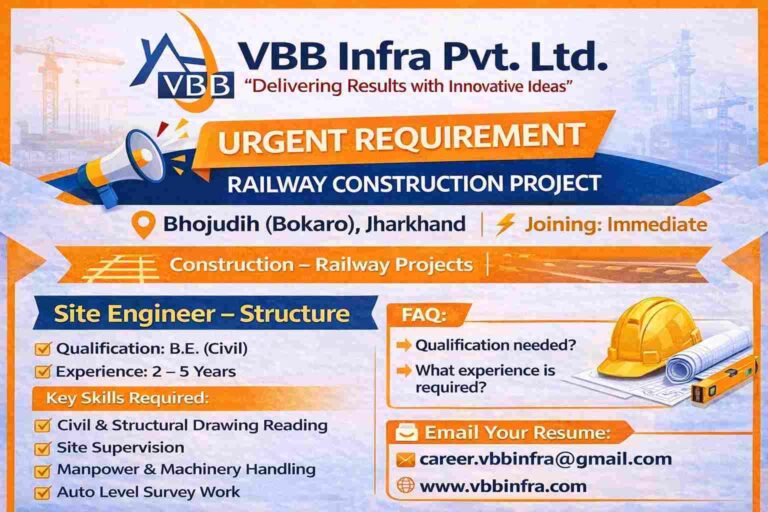 VBB Infra Pvt. Ltd Hiring 2026 | for Railway Construction Project in Jharkhand | Construction Placement