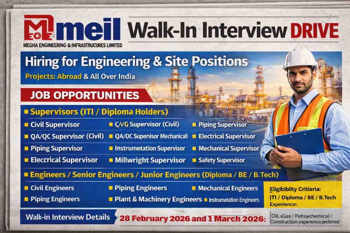 Megha Engineering & Infrastructure Limited Walk-In Drive 2026 – Engineers, Junior Engineers & Supervisors | 28 Feb & 1 March | Rajasthan