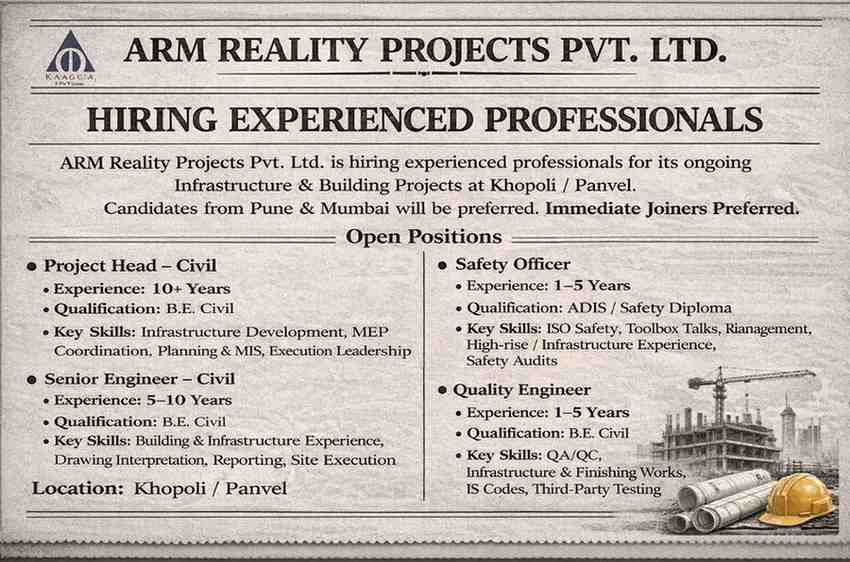 ARM Reality Projects Pvt Ltd Hiring 2026 | For Infrastructure & Building Projects at Khopoli / Panvel
