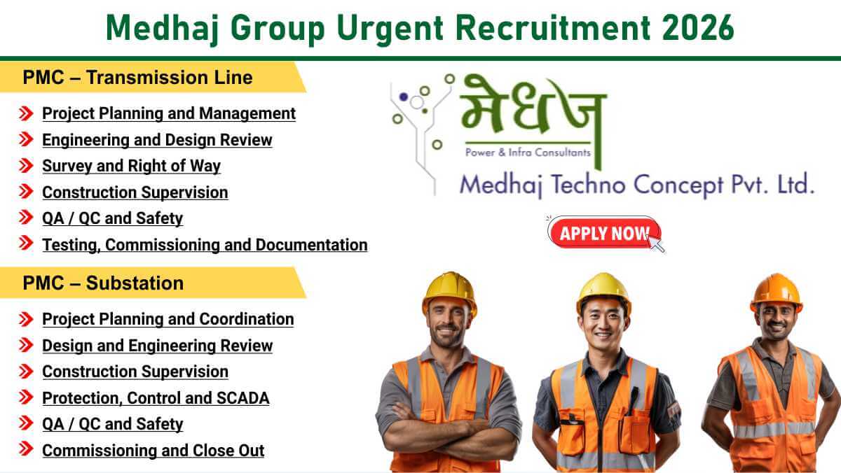 Medhaj Group Urgent Recruitment 2026 | B.Tech Electrical Jobs | PMC Transmission & Substation Roles