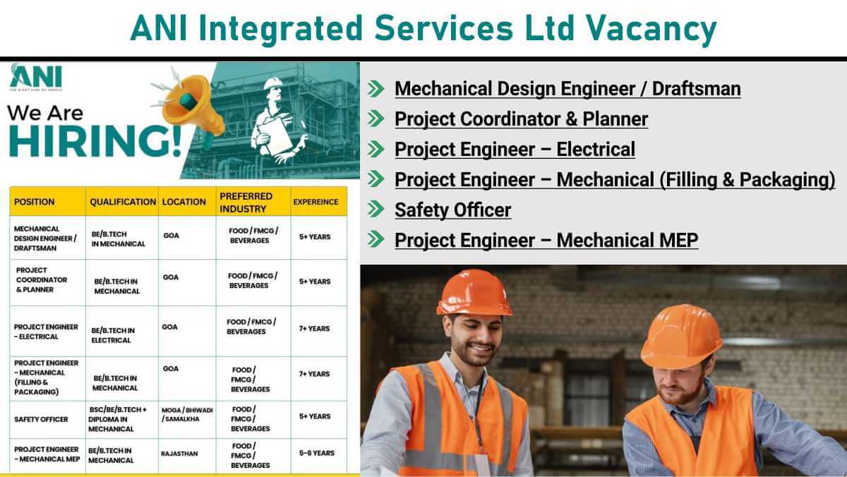 ANI Integrated Services Ltd Vacancy | Electrical & Mechanical Project Engineer Roles | Jobs in Rajasthan | FMCG Project