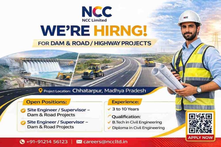 NCC Limited Hiring 2026 | Site Engineer, Supervisor, Manager Roads Jobs | Dam & Highway Projects | Madhya Pradesh Vacancy