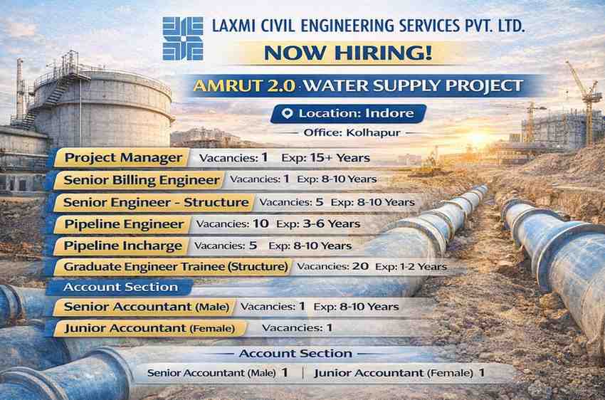 Laxmi Civil Engineering Services Hiring 2026 | Project Manager, Pipeline Engineer, Billing, Accounts Jobs | Indore Water Supply Project