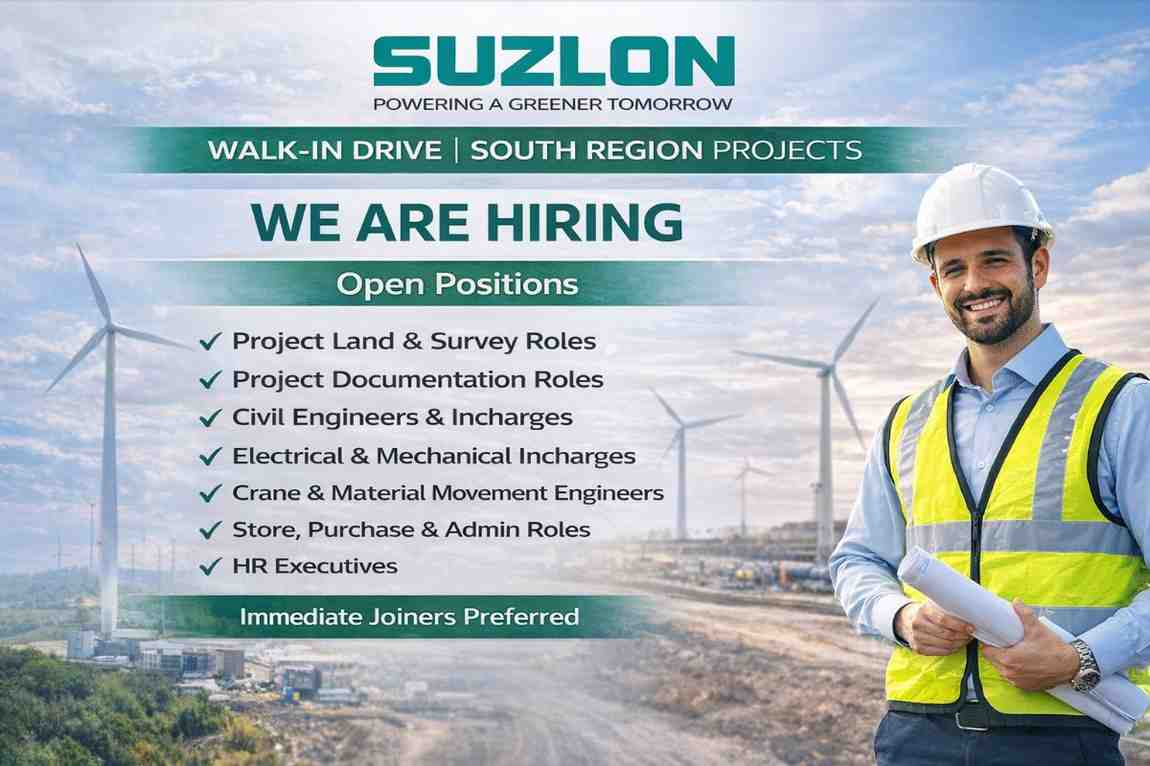 Suzlon Southern Project walk In Interview 2026 | Project Execution, Civil, Mechanical, Electrical, Land, Quality, Stores, Finance, HR