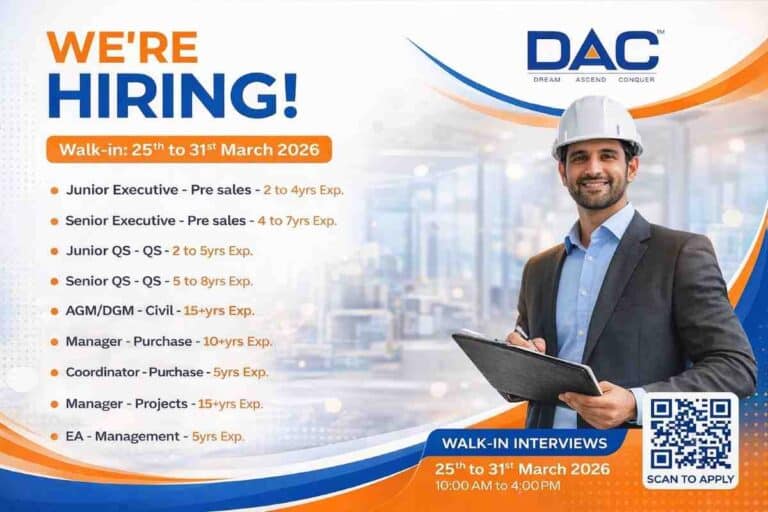 DAC Developers Walk In Interview Chennai 2026 | QS, Civil Engineer, Purchase, Manager Jobs