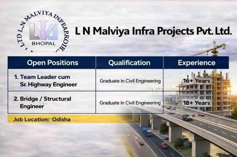 Q&A (Important Information) Q.1: Who can apply for these positions? Senior civil engineering professionals with 16+ years of experience Candidates with highway or structural project experience Q.2: Is SQC project experience mandatory? Yes, candidates with SQC project experience will be preferred Q.3: What is the job location? Odisha Q.4: What are the experience requirements? Minimum 16 years for Highway Engineer Minimum 18 years for Bridge / Structural Engineer Q.5: How can I apply for this job? Candidates can apply via email or WhatsApp