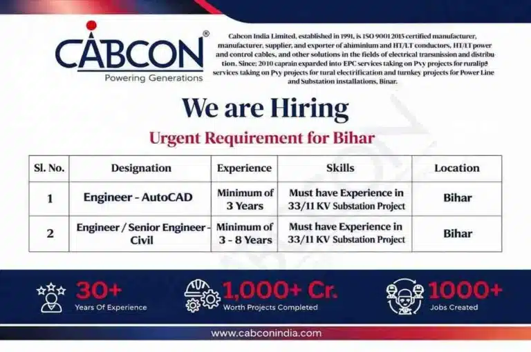 Cabcon India Limited Hiring Civil Engineer & AutoCAD Engineer in Bihar | Substation Project Jobs 2026