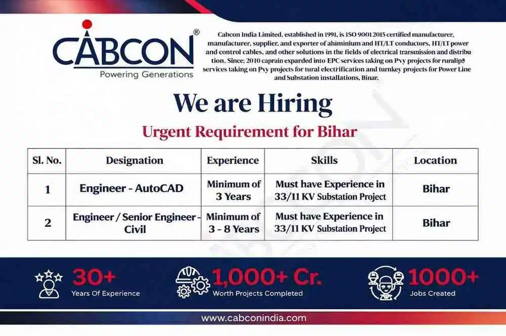 Cabcon India Limited Hiring Civil Engineer & AutoCAD Engineer in Bihar | Substation Project Jobs 2026