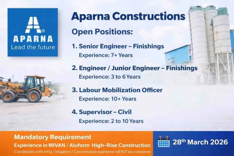 Aparna Constructions Hiring Finishing Engineer, Supervisor & Labour Officer Jobs in Hyderabad | MIVAN Experience Required