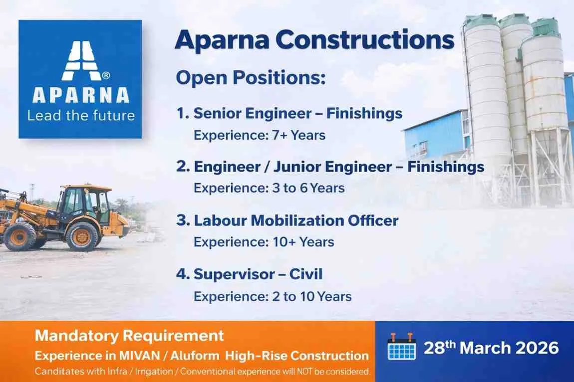 Aparna Constructions Hiring Finishing Engineer, Supervisor & Labour Officer Jobs in Hyderabad | MIVAN Experience Required