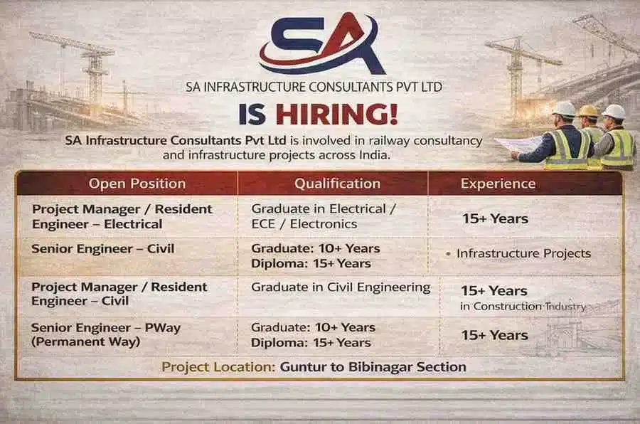SA Infrastructure Consultants Hiring 2026 | Railway Project Jobs | Civil & Electrical Jobs