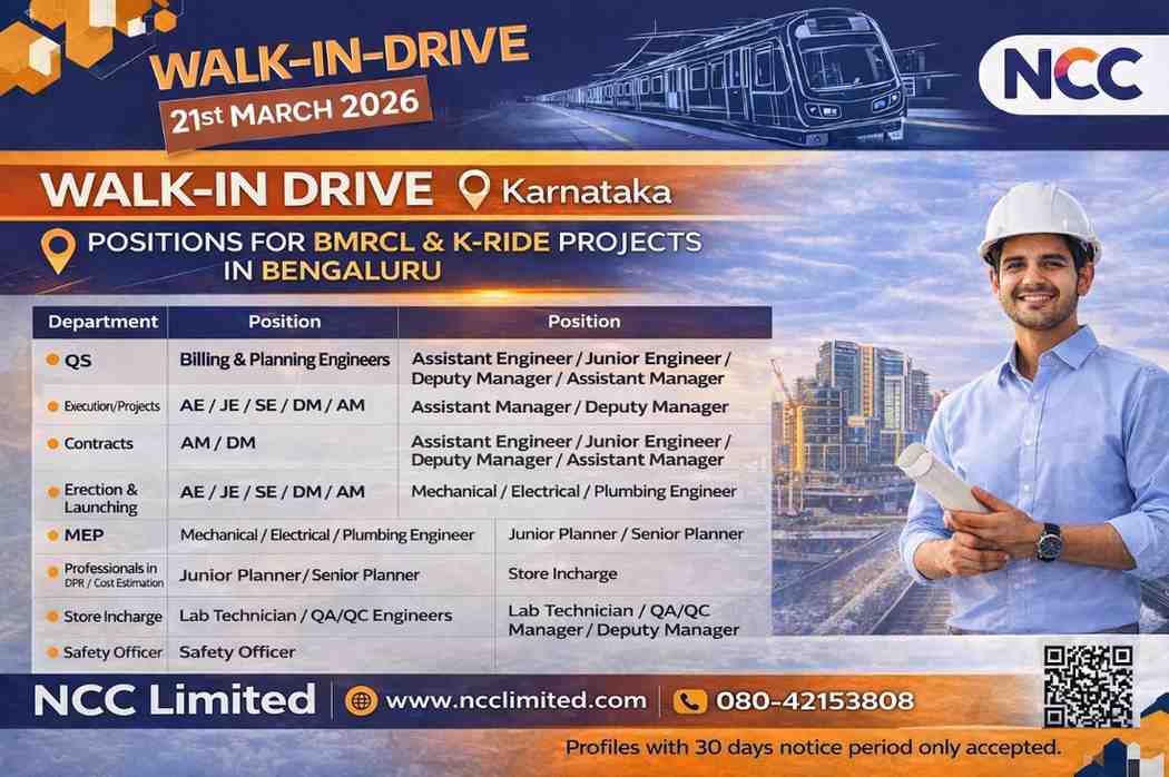 NCC Limited Walk-In Drive 2026 | For BMRCL and K-Ride metro / railway projects in Bengaluru, Karnataka.