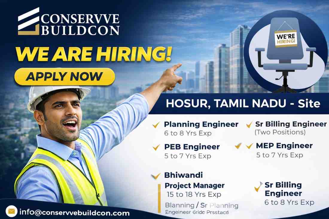 Conservve Buildcon Recruitment 2026 | Planning Engineer, Billing Engineer, MEP & Project Manager Jobs