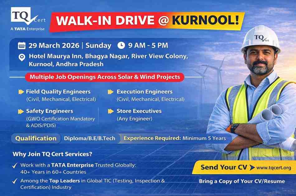 TQ Cert Services Pvt Ltd Walk-In Interview 2026 | Solar & Wind Project Jobs | Engineers, Safety & Store Hiring