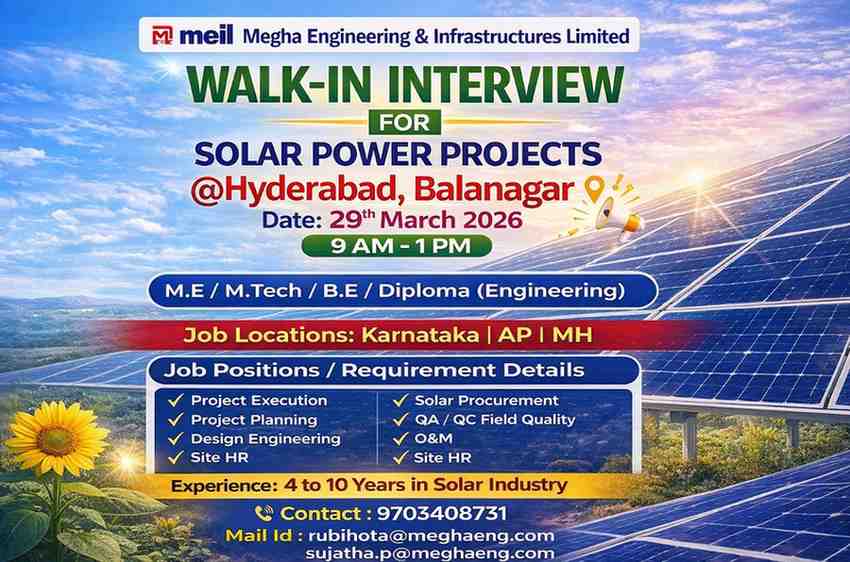Megha Engineering Walk-in Interview 2026 | Solar Power Project Jobs | Hyderabad Hiring
