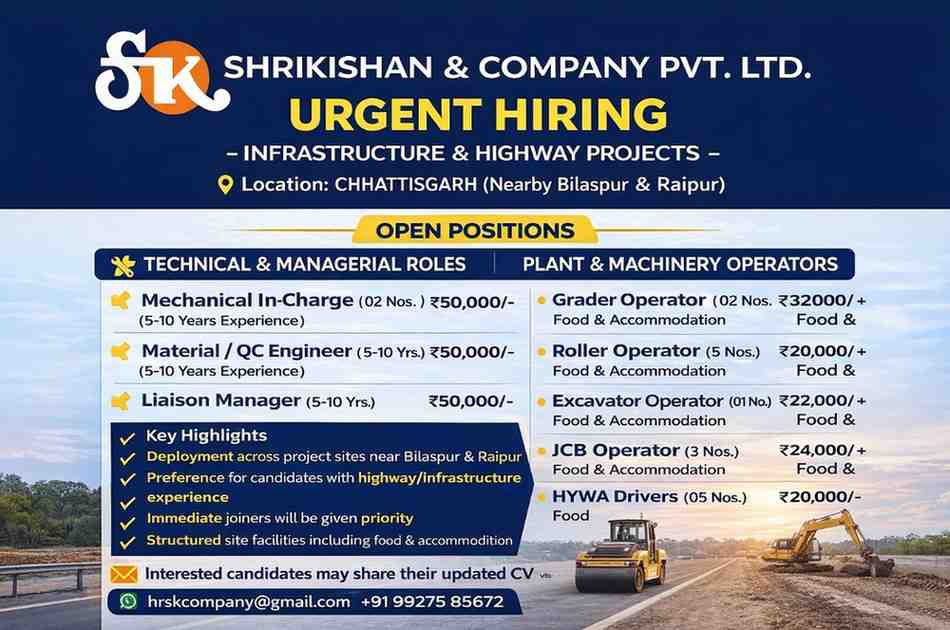 Shrikishan Company Recruitment 2026 | Highway Project Jobs for Engineers & Operators