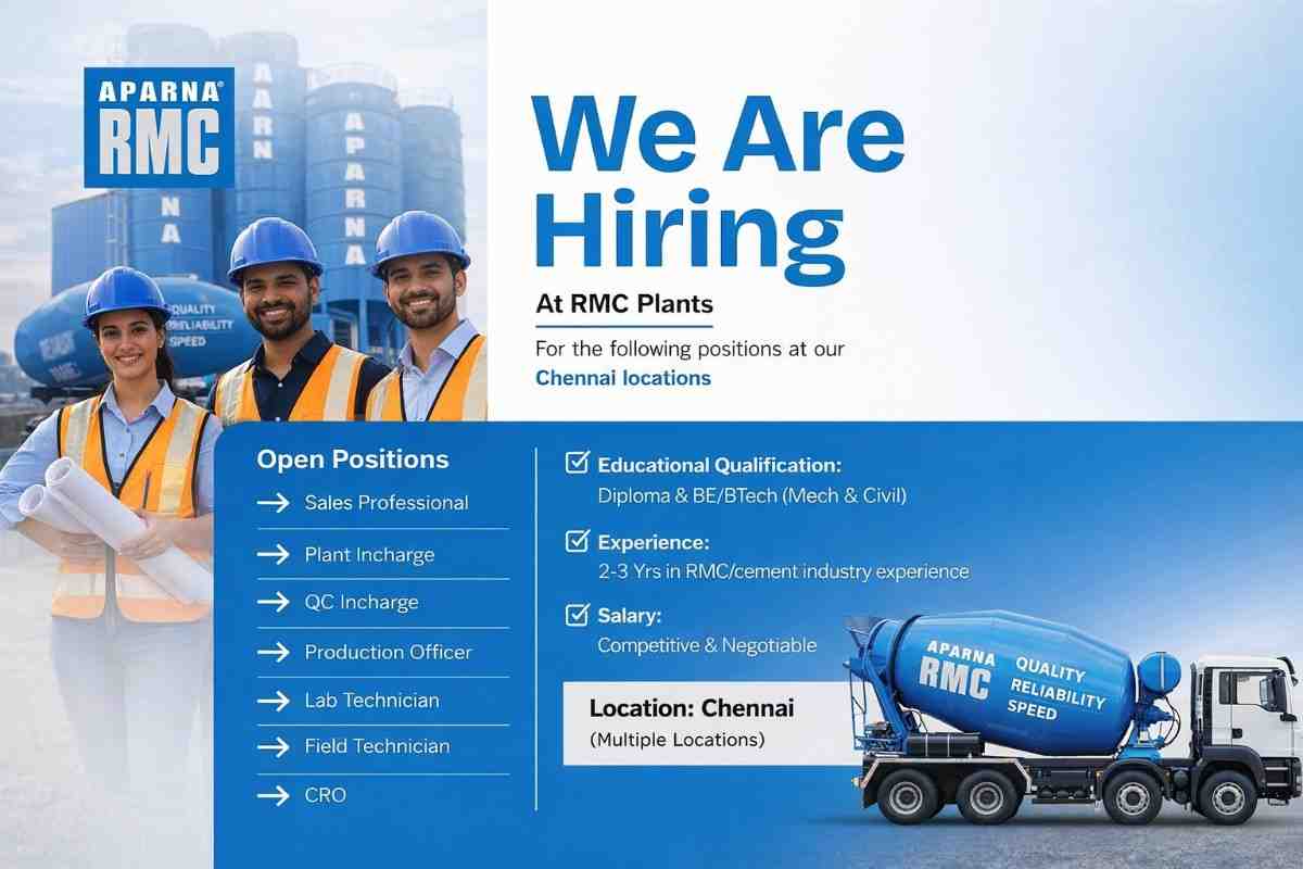 Aparna RMC Jobs in Chennai 2026 | Sales, Plant Incharge, QC, Production & Technician Hiring