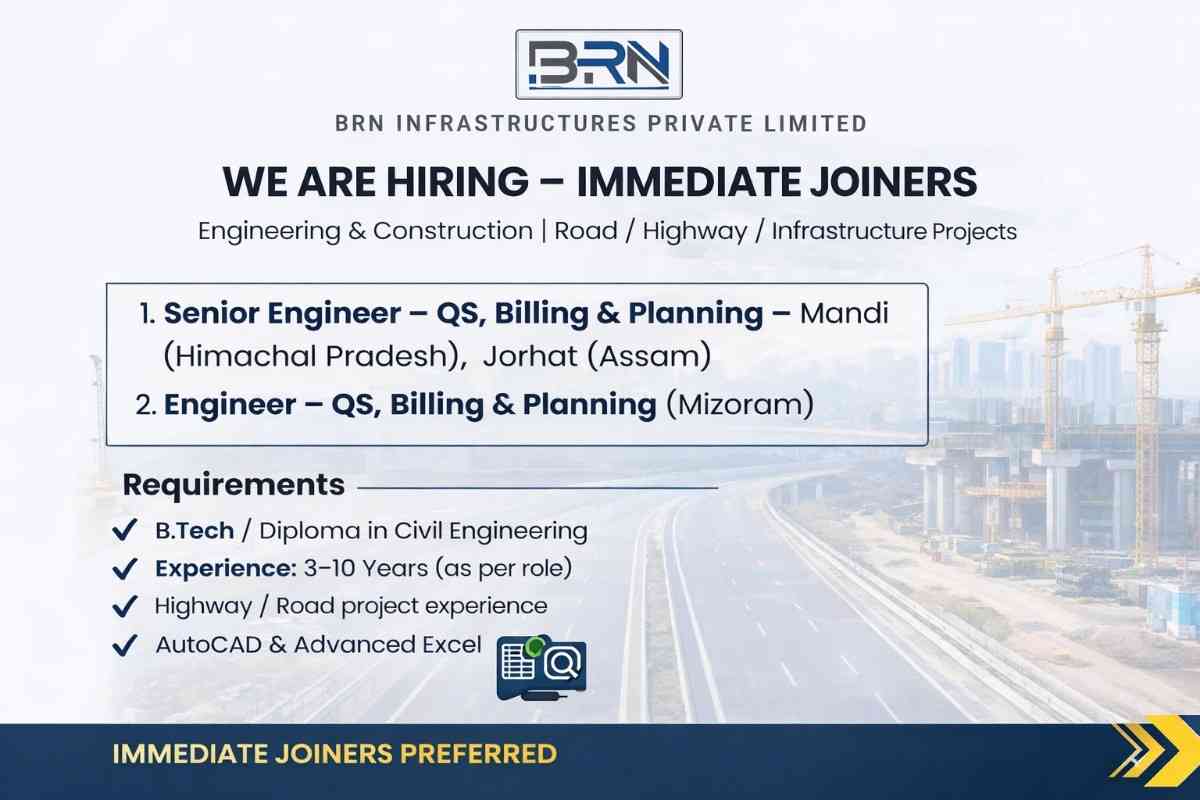 BRN Infrastructures Hiring 2026 | QS Billing Planning Engineer Jobs | Highway Road Projects Himachal Assam Mizoram