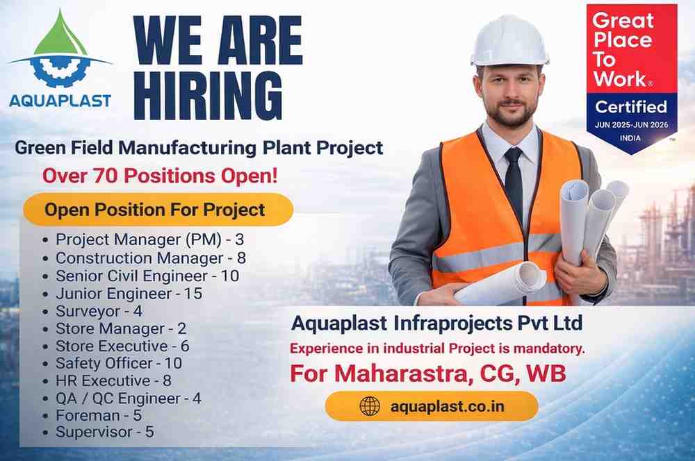 Aquaplast Infraprojects Hiring 2026 | 70+ Jobs for Green Field Manufacturing Project