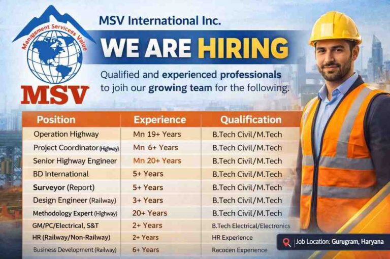 MSV International Inc Hiring for Highway & Railway Projects | Jobs in Gurugram 2026