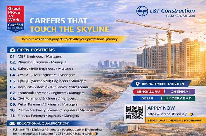 L&T Construction Hiring 2026 | MEP, Civil, QA QC, Safety Engineer Jobs | Bangalore Chennai Delhi Hyderabad Vacancy