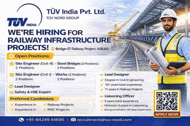 TÜV India Hiring 2026 | Site Engineer, Lead Designer, Safety HSE, Accountant Jobs | Railway Infrastructure Project Kolkata