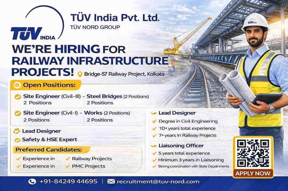 TÜV India Hiring 2026 | Site Engineer, Lead Designer, Safety HSE, Accountant Jobs | Railway Infrastructure Project Kolkata