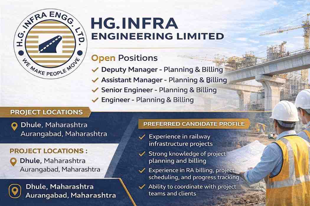HG Infra Engineering Limited – Hiring for Planning & Billing Roles | Location: Aurangabad Maharashtra