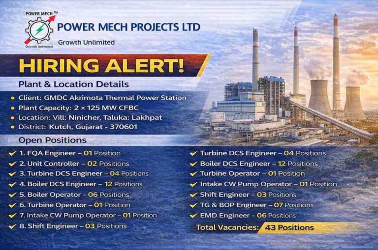 Power Mech Projects Limited – Hiring 2026 | for the GMDC Akrimota Thermal Power Station (2 × 125 MW CFBC) project located in Kutch, Gujarat.