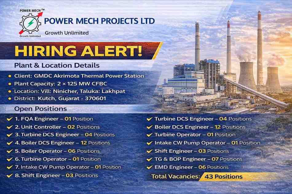 Power Mech Projects Limited – Hiring 2026 | for the GMDC Akrimota Thermal Power Station (2 × 125 MW CFBC) project located in Kutch, Gujarat.