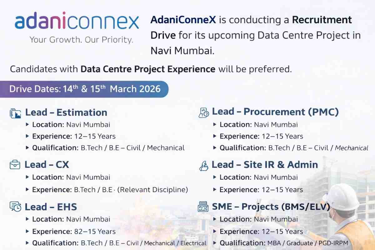 Adani ConneX Walk-In Drive 2026 | Drive Dates: 14th & 15th March 2026 | For Data Centre Project in Navi Mumbai