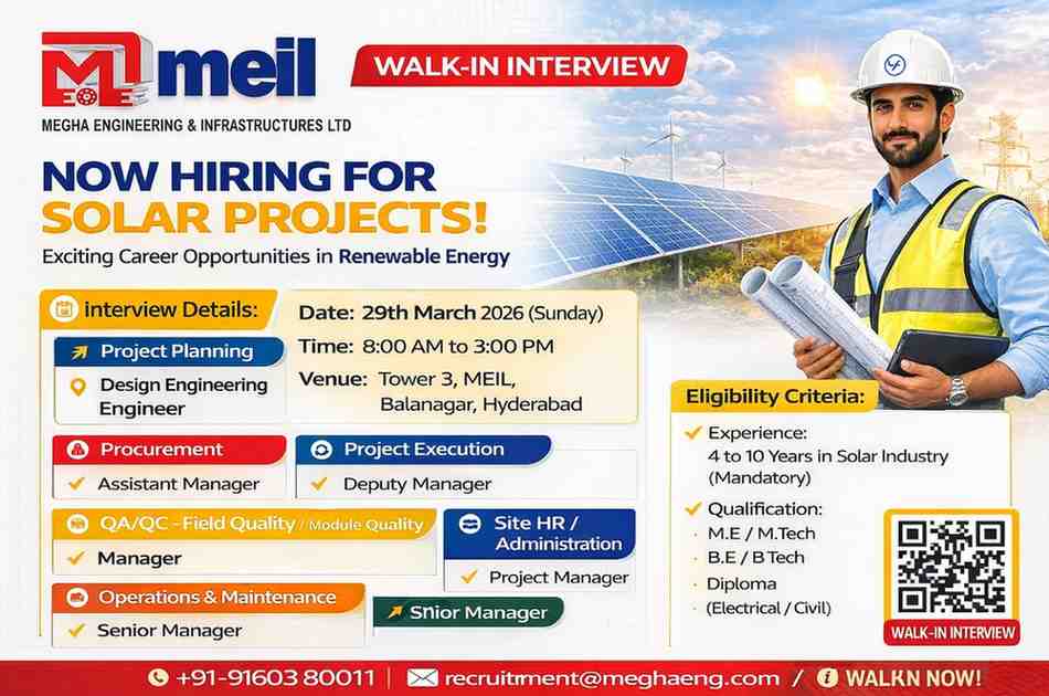 MEIL Walk-in Interview 2026 | Solar Project Jobs | Engineer, Manager Vacancy | Hyderabad Maharashtra Karnataka Andhra Pradesh